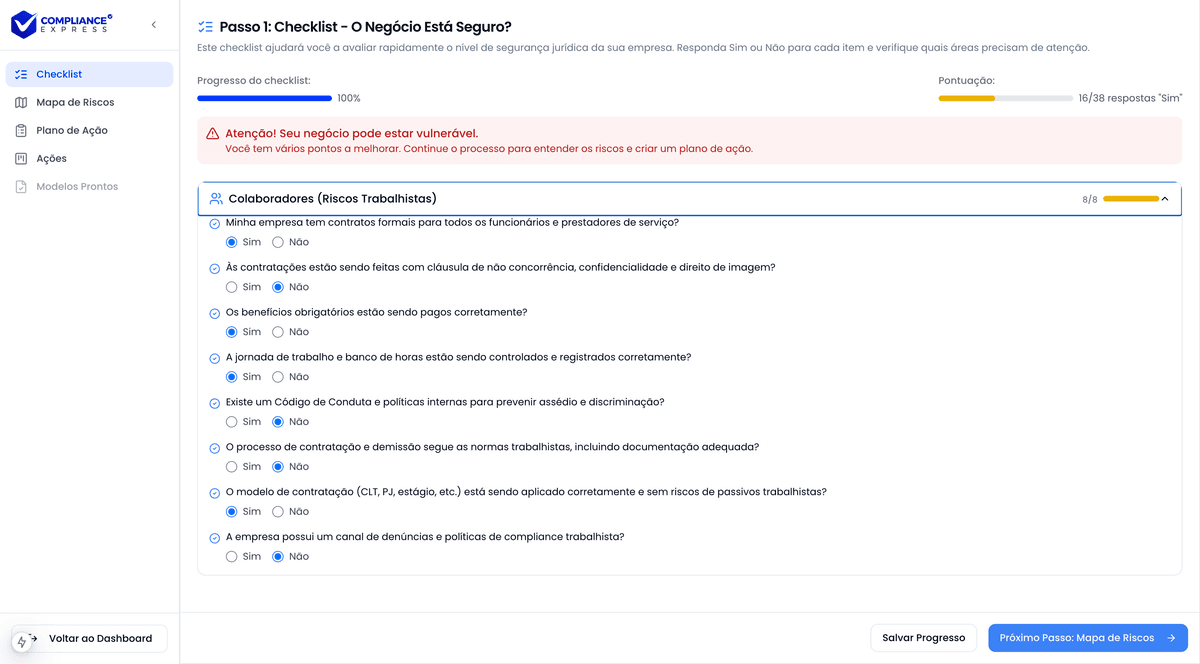 Interface do checklist de conformidade