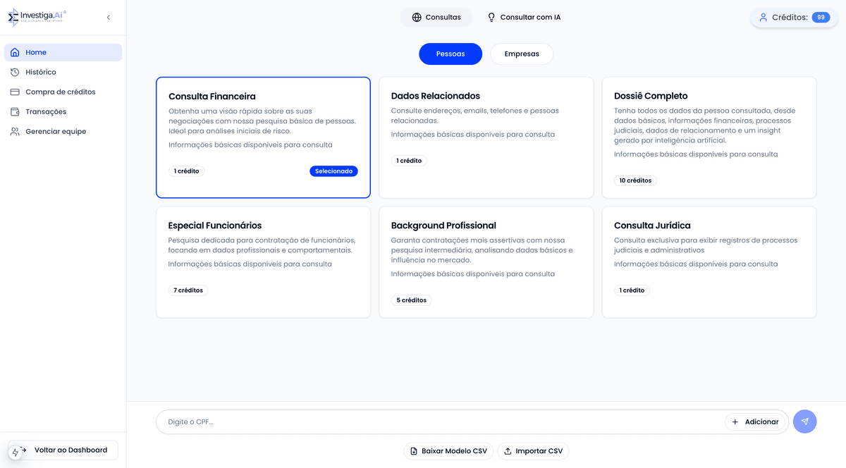 Interface de consultas com cards de busca