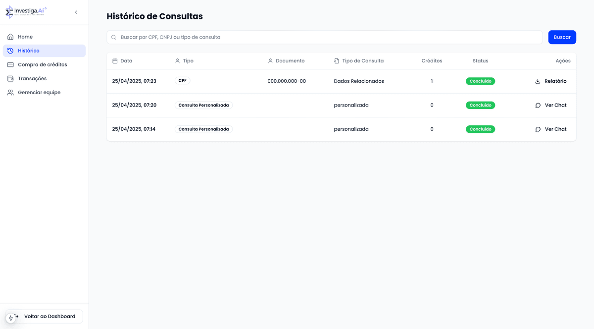 Interface de histórico de consultas