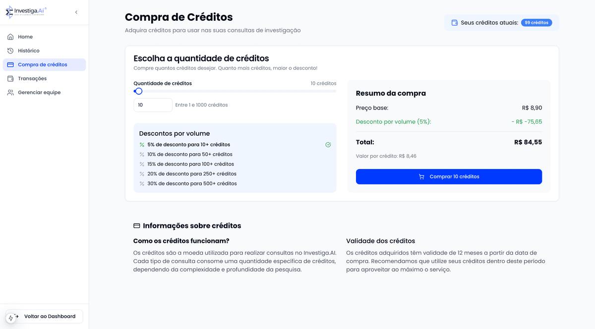 Interface de compra de créditos