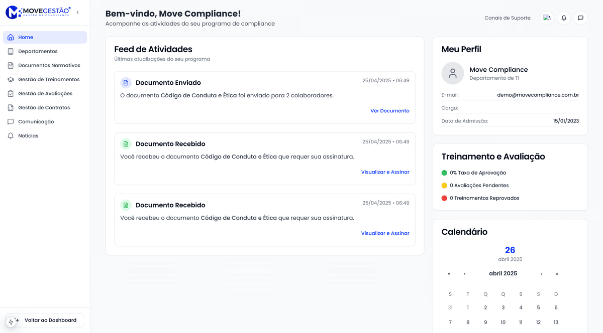 Dashboard principal do MoveGestão