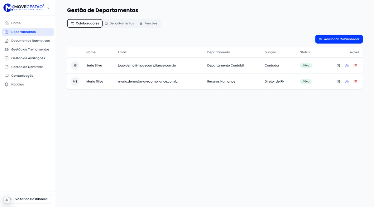 Interface de gestão de departamentos