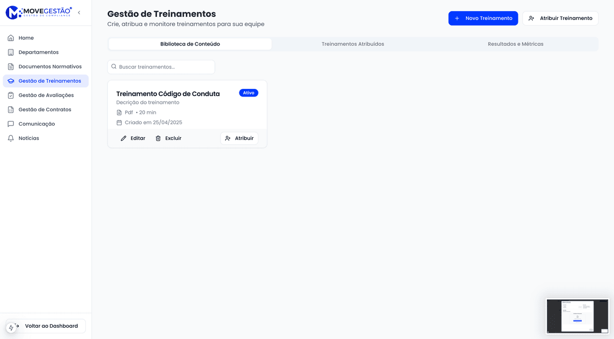 Interface de treinamentos